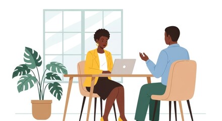 A professional woman in a yellow blazer and a man in a blue shirt are having a business meeting at a table with a laptop