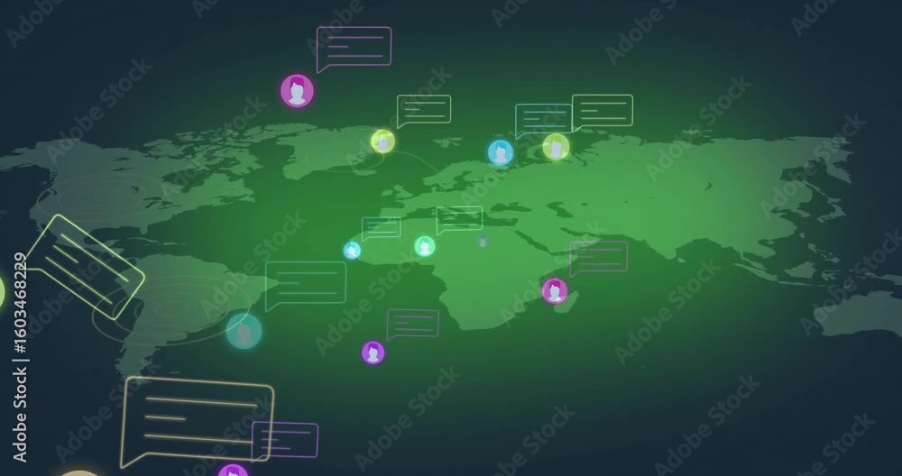 Poster fading in user avatars and translucent chat bubbles over map showing network flow