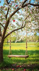 Naklejka premium Rustic swing beneath blooming tree