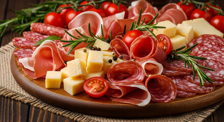Assorted Charcuterie Platter: Cured Meats, Cheeses, Tomatoes, and Rosemary on a Rustic Wooden Board