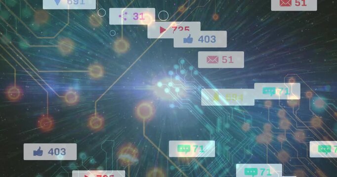 Glow initiating circuit pulsing, icons bursting outward and rising counts showing engagement surge
