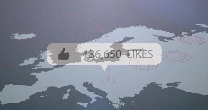Europe silhouette appearing with 658 LIKES bubble, counts rising, rings pulsing, showing engagement