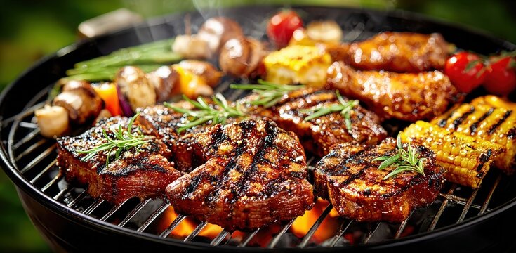 Delicious barbecue with rosemary seasoned lamb chops, chicken wings, corn on the cob and vegetable skewers grilling on a hot charcoal grill