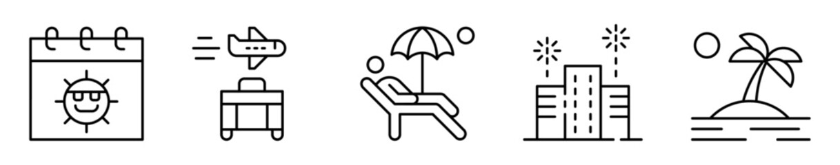 Conjunto de iconos de vacaciones y feriado. Descanso planificado y celebraciones. Calendario festivo, viaje en avión, descanso en la playa, evento y verano. Ilustración vectorial 