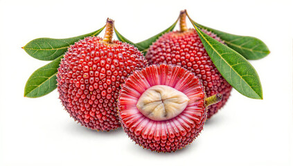 Vibrant red yangmei fruits with lush green leaves displayed on a white background. Their unique texture, juicy flesh, and tropical appeal make them a perfect superfruit for exotic fruit.