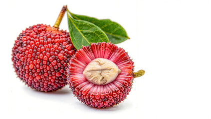 Vibrant red yangmei fruits with lush green leaves displayed on a white background. Their unique texture, juicy flesh, and tropical appeal make them a perfect superfruit for exotic fruit.