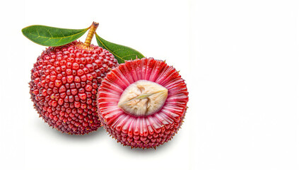 Vibrant red yangmei fruits with lush green leaves displayed on a white background. Their unique texture, juicy flesh, and tropical appeal make them a perfect superfruit for exotic fruit.