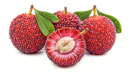 Vibrant red yangmei fruits with lush green leaves displayed on a white background. Their unique texture, juicy flesh, and tropical appeal make them a perfect superfruit for exotic fruit.