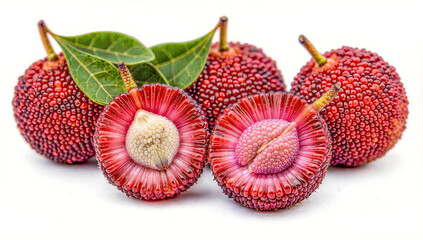 Vibrant red yangmei fruits with lush green leaves displayed on a white background. Their unique texture, juicy flesh, and tropical appeal make them a perfect superfruit for exotic fruit.