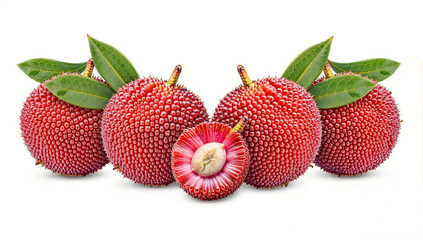 Vibrant red yangmei fruits with lush green leaves displayed on a white background. Their unique texture, juicy flesh, and tropical appeal make them a perfect superfruit for exotic fruit.