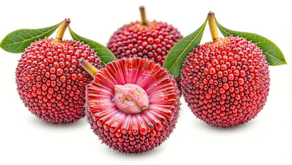Vibrant red yangmei fruits with lush green leaves displayed on a white background. Their unique texture, juicy flesh, and tropical appeal make them a perfect superfruit for exotic fruit.
