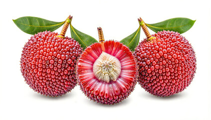 Vibrant red yangmei fruits with lush green leaves displayed on a white background. Their unique texture, juicy flesh, and tropical appeal make them a perfect superfruit for exotic fruit.