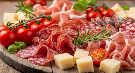 Assorted Italian Charcuterie Board with Salami, Prosciutto, Cheese, and Fresh Tomatoes on a Rustic Wooden Background