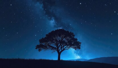 Silhouette of a tree against a night sky filled with stars and a milky way background landscape