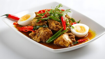 Fototapeta premium Traditional Malaysian dish presented neatly on white plate with rice, sambal, and assorted sides. 
