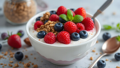 Yogurt Bowl Topped with Fresh Berries and Granola
