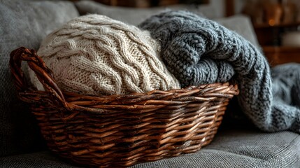 Obraz premium Knitted sweaters in a wicker basket.