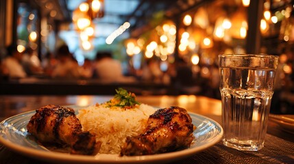 Grilled chicken with rice and a glass of water served in restaurant.

