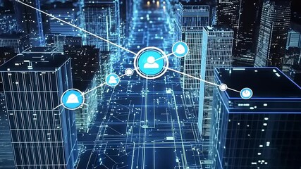 Futuristic cityscape with digital connections and network overlays illustrating urban technology - Powered by Adobe