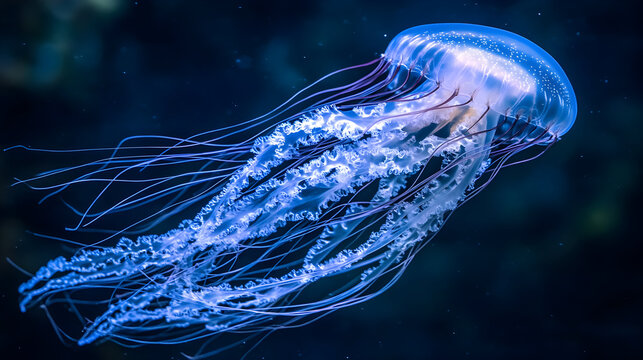 A jellyfish in a dark blue aquarium.