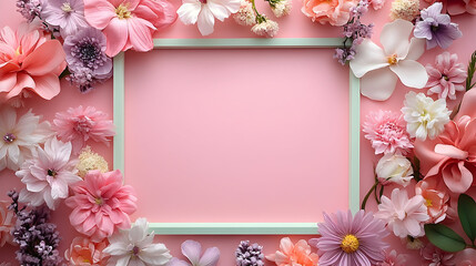A light green picture frame surrounded by various pastel-colored flowers on a pink background.