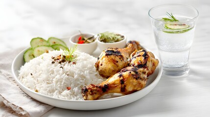 Simple coconut rice set with grilled chicken drumsticks and side dishes.
