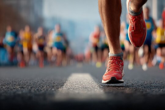 Marathon runners competing in a race, legs and shoes in motion blur, focus entirely on their feet running towards the finish line - Powered by Adobe