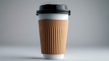 Hot Beverage Cup with Lid and Cardboard Sleeve on Grey Background