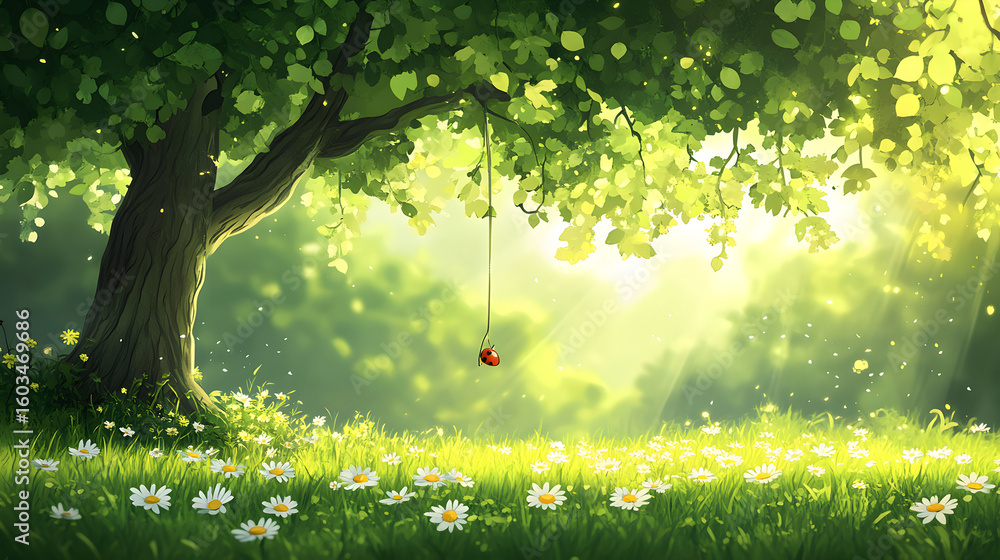 Poster a rope swing hangs from a large tree in a sunlit clearing.