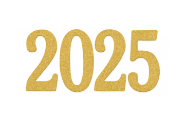 Shimmering golden digits composing year 2025 against transparent backdrop, highlighting festive design and seamless digital graphic integration