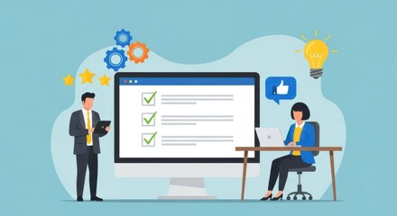 A man and woman collaborate on a business project reviewing tasks on a computer screen with gears and a lightbulb symbolizing ideas and success