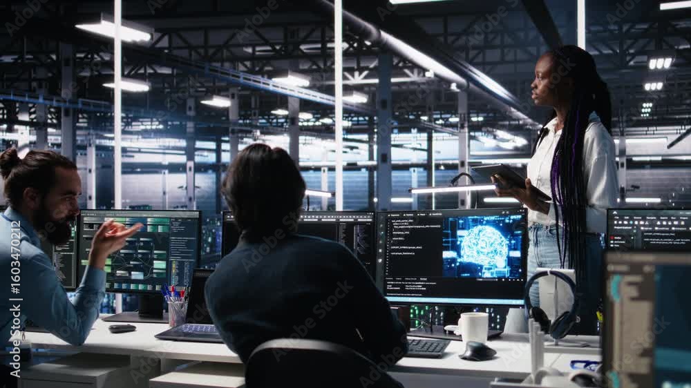 Poster technicians in high tech data center cooperate on neural network software development. server hub it