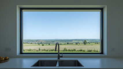 Fototapeta premium A modern kitchen interior with a large window framing a scenic landscape view.