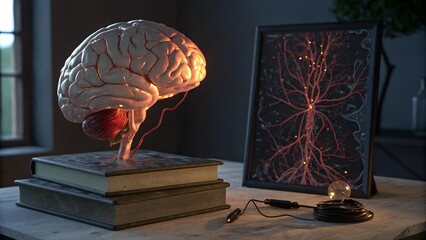 Human brain model with blood vessels glowing under dark light, paired with neuroanatomy textbook and digital screen showing neuron map