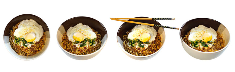 Spicy instant noodles with egg and green chili in a bowl