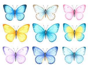 Obraz premium Watercolor Butterflies Collection on Transparent Background Depicting Colorful Winged Insects with Pastel Hues and Delicate Details for Artistic Illustration