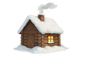 Warm light illuminating window of snow-covered log cabin with smoke rising from chimney, isolated on transparent background, perfect for winter holiday projects
