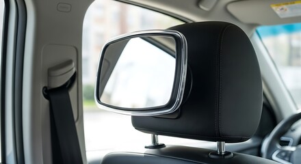 Interior view of a car featuring a baby mirror attached to the headrest and a visible seatbelt.