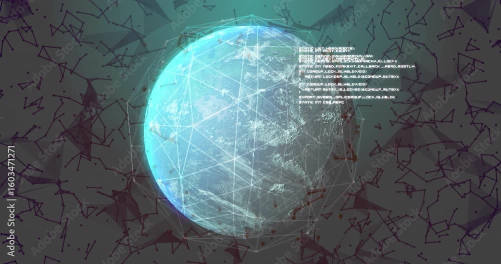 Poster fade-in initiating 3d earth rotating while mesh expanding and code streaming showing data flow