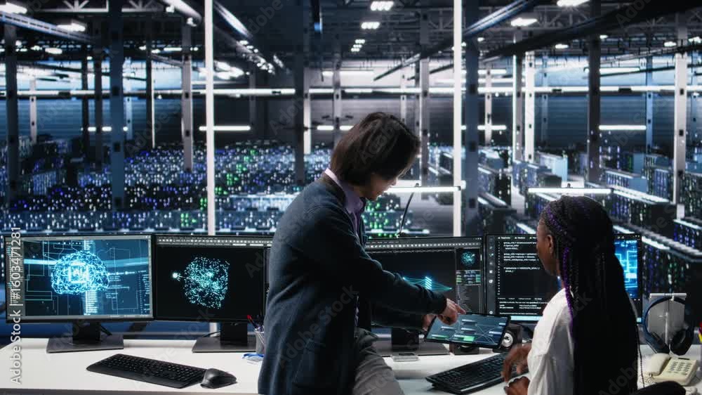 Poster multiracial technicians in diverse data center review ai diagnostics, analyzing neural network perfo
