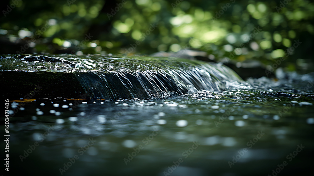 Poster close-up of a small waterfall flowing over rocks into a pool of water in a forest.