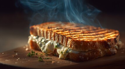Close-up of a toasted panini pressed in a panini grill with melted cheese and steam rising.
