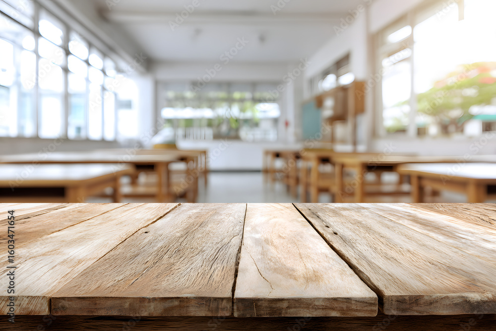 Poster wooden top with blurred empty classroom background can be used for mocking up or display product to 