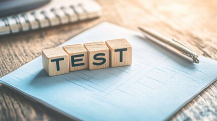 Wooden Cubes Spelling TEST on a Notebook, Pen and Notepad Nearby, Preparation for Exams