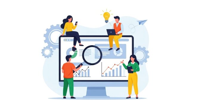 A diverse team of professionals collaborates around a computer screen displaying financial charts and data analysis