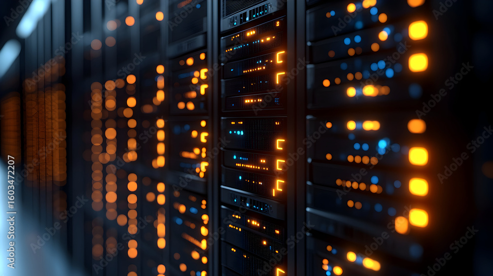 Poster close-up view of illuminated server racks in a data center.