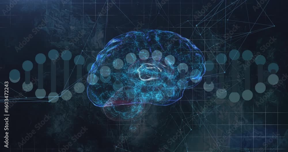 Poster 3d brain hologram starting left, dna helix sliding while brain rotating forward for visualization