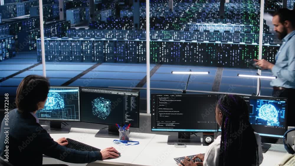 Poster technicians in data center review ai diagnostics, analyzing neural network performance to maintain o