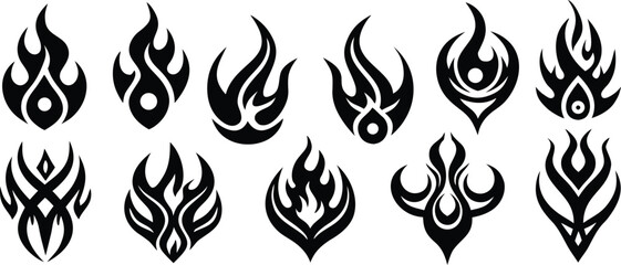 Naklejka premium Ten black tribal flame glyph icons with bold strokes on white background vector