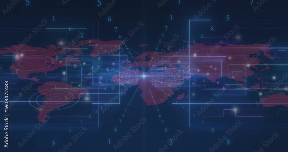 Poster digital global map showing data flow triggered by central flash, lines extending and nodes blinking